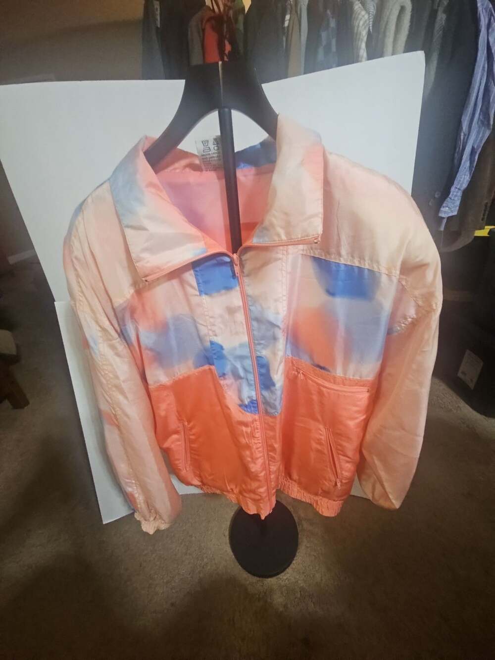 Beautex Silk Windbreaker Jacket Size L Orange Blue Pastel Full Zip